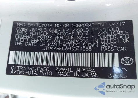 2017 Toyota Prius Three z USA, uszkodzony, nr VIN JTDKARFU6H3044258